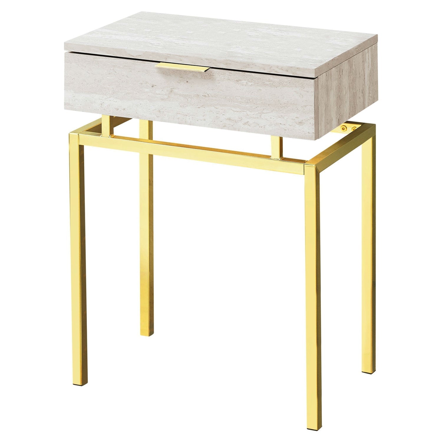 24in Modern End Table 1 Drawer Nightstand Beige Marble Gold Legs-0