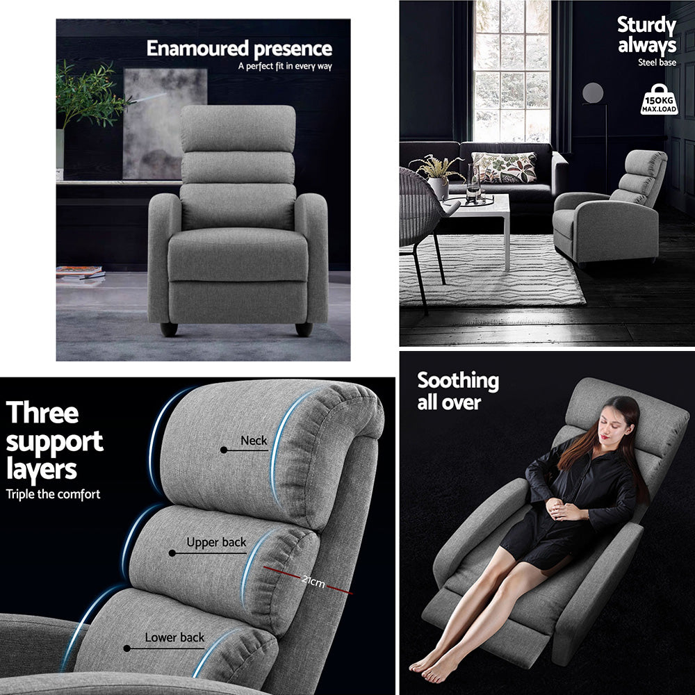 Artiss Recliner Armchair Grey Fabric Bolivia-3