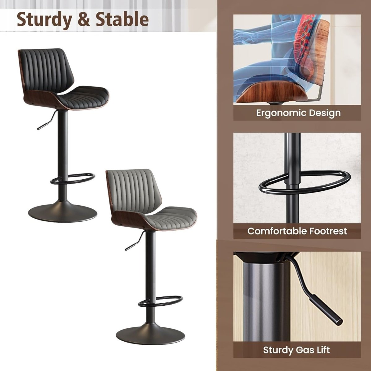 SERENITà European Wooden Modern Bar Stools Bistro Stool with Rotating and Aerodynamic Multi-levelled (Grey)
