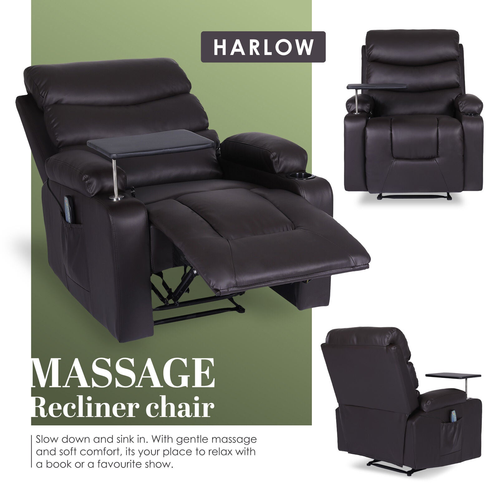 8-Point Electric Massage Recliner Chair - PU Leather Electric Lounge Sofa Armchair HARLOW BROWN-3