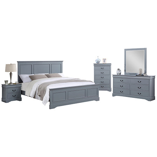NNEDSZ 5 Pieces Bedroom Suite in Solid Wood & MDF Queen Size Grey Colour Bed, Bedside Table, Dresser & Tallboy-1