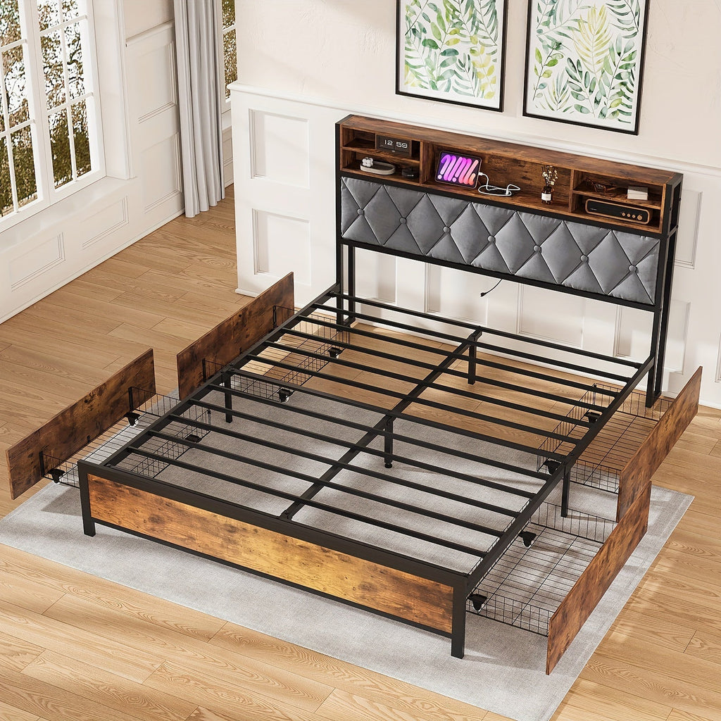Queen Size Bed Frame with Drawers, Shelf, Headboard & Charging Station(Brown)-3
