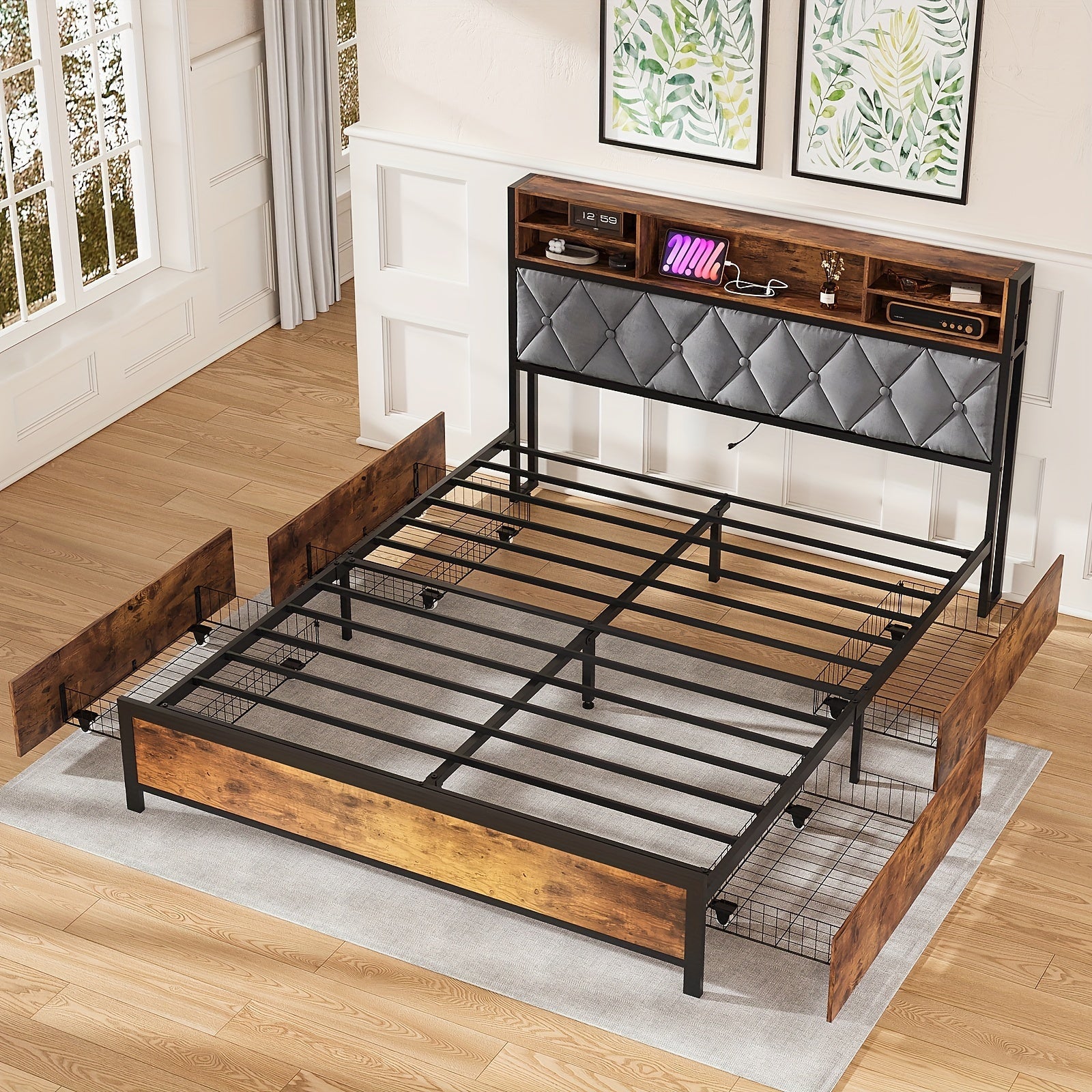 Queen Size Bed Frame with Drawers, Shelf, Headboard & Charging Station(Brown)-3