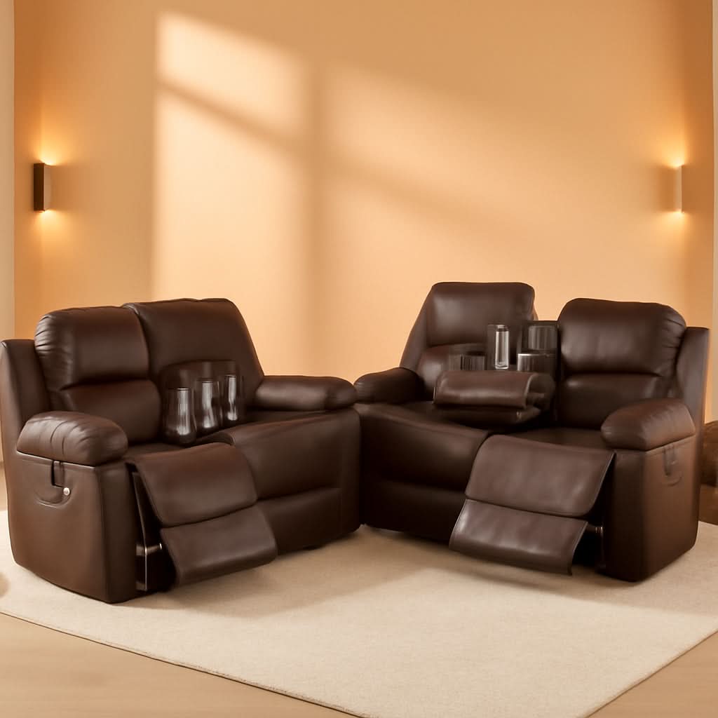 Bonded Leather Living Room Sofa Set With Reclining Sofa And Loveseat Brown