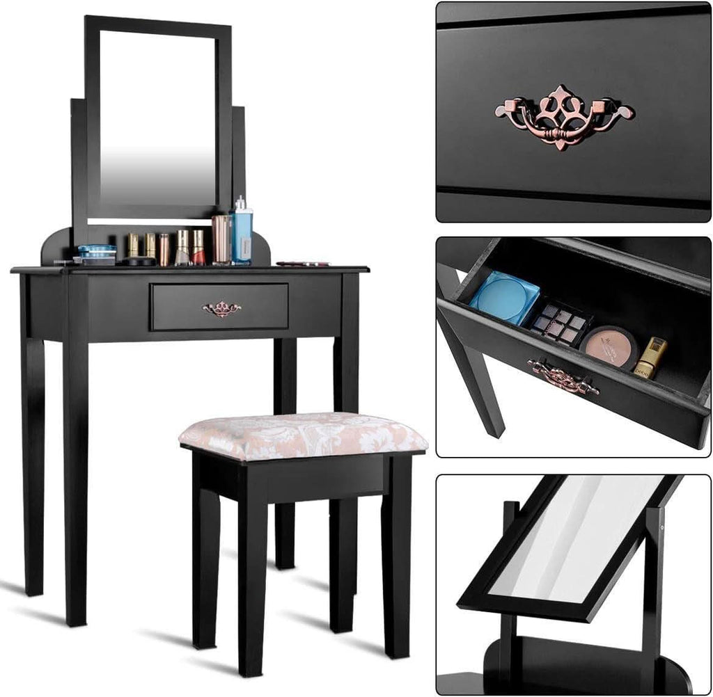 Black Dressing Table With Rotating Cosmetic Mirror