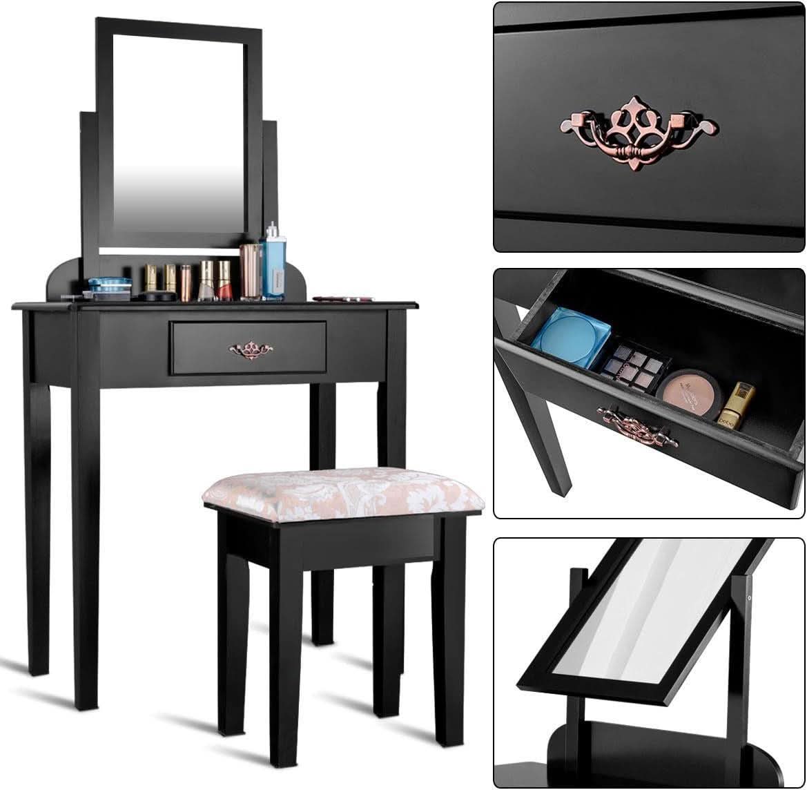 Black Dressing Table With Rotating Cosmetic Mirror