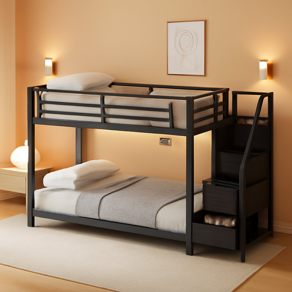 Black Twin Over Twin Metal Bunk Bed Storage Drawers-0