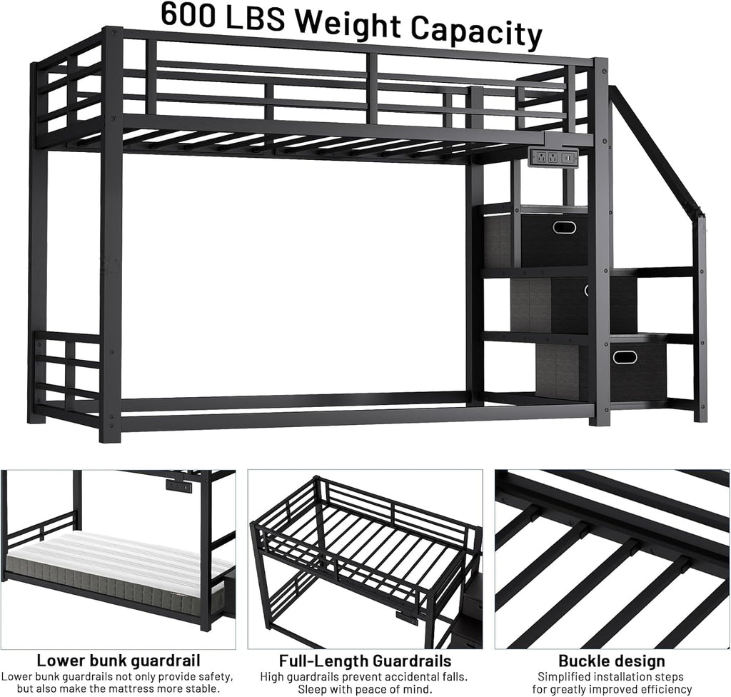 Black Twin Over Twin Metal Bunk Bed Storage Drawers-3