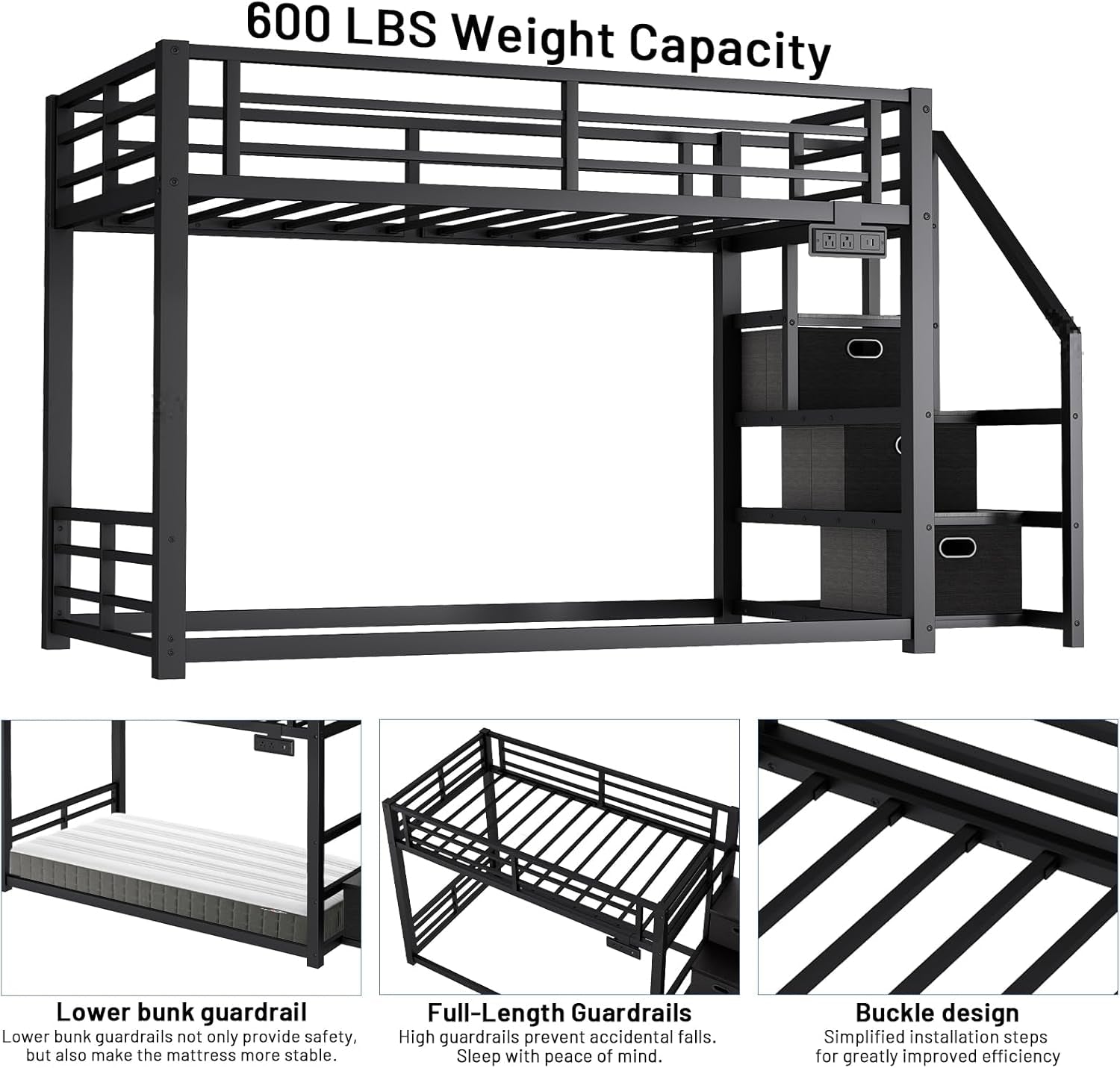 Black Twin Over Twin Metal Bunk Bed Storage Drawers-3