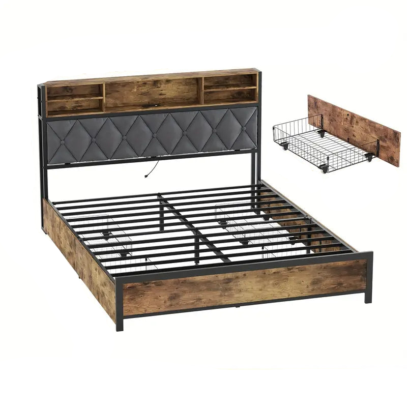 Queen Size Bed Frame with Drawers, Shelf, Headboard & Charging Station(Brown)-0