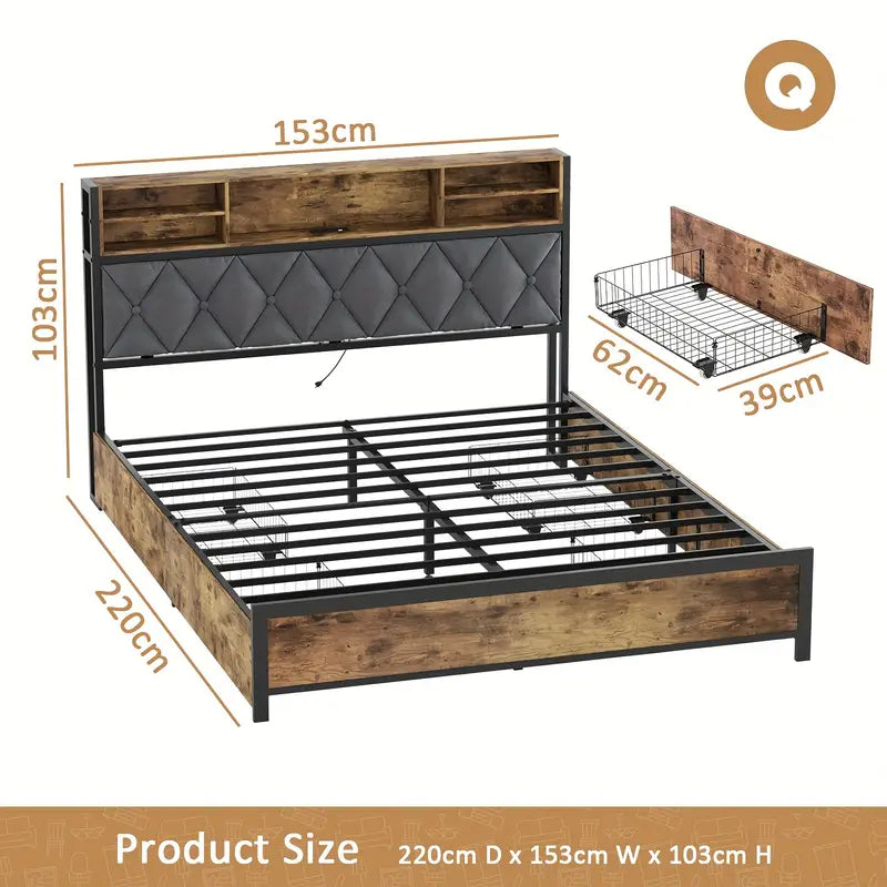 Queen Size Bed Frame with Drawers, Shelf, Headboard & Charging Station(Brown)-1