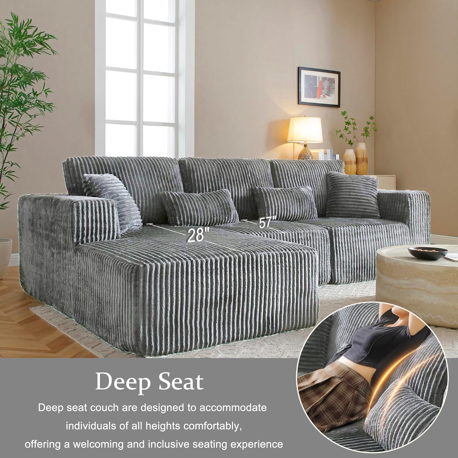 108 Inch Cloud Sectional Sofa Grey Ultra Soft Chenille