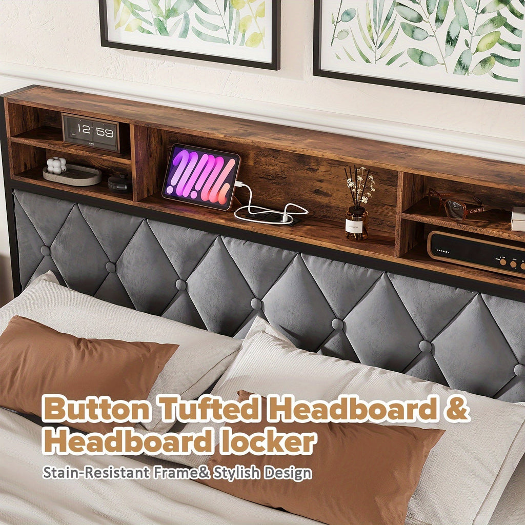 Queen Size Bed Frame with Drawers, Shelf, Headboard & Charging Station(Brown)-2