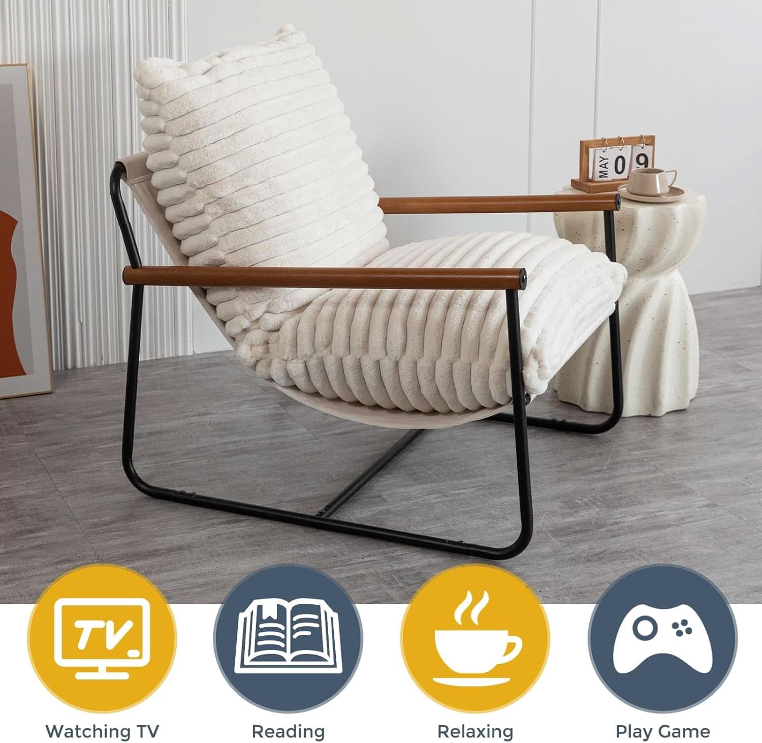 Boucle Sherpa Arm Chair Steel Frame Mid Century Modern