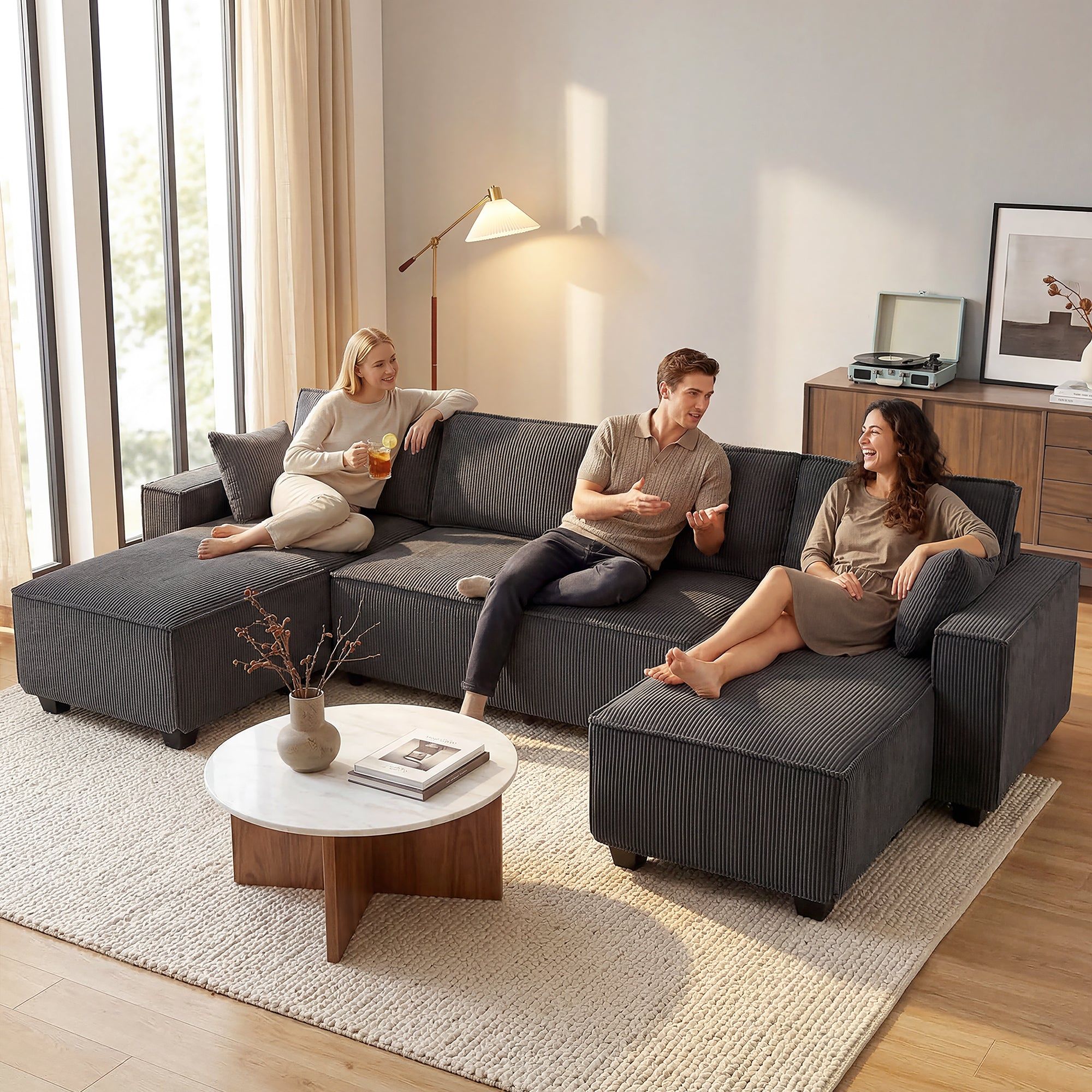 U-Shaped Modular Sectional Sofa with Double Chaises - Dark Grey-2
