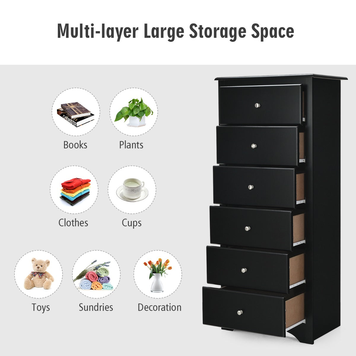 NNECW 6 Drawer Chest with Mental Knobs for Living Room-Black