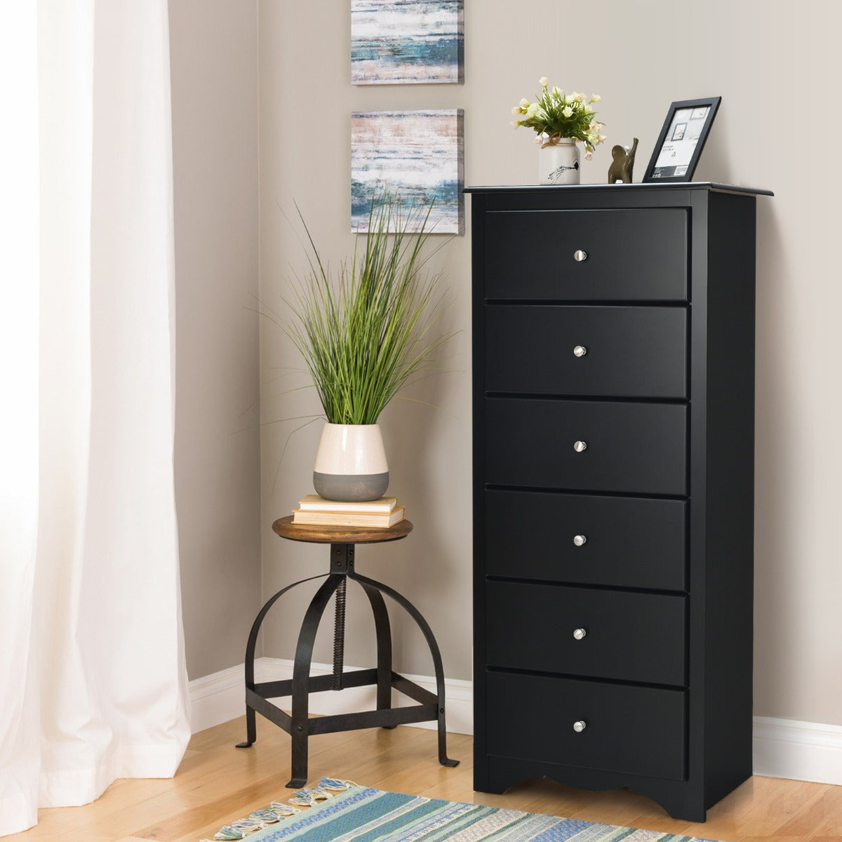 NNECW 6 Drawer Chest with Mental Knobs for Living Room-Black