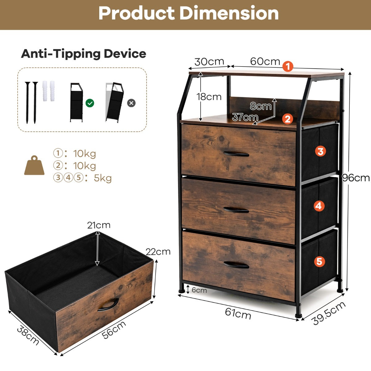NNECW 3 Chest of Drawers with Top Shelf & Metal Frame