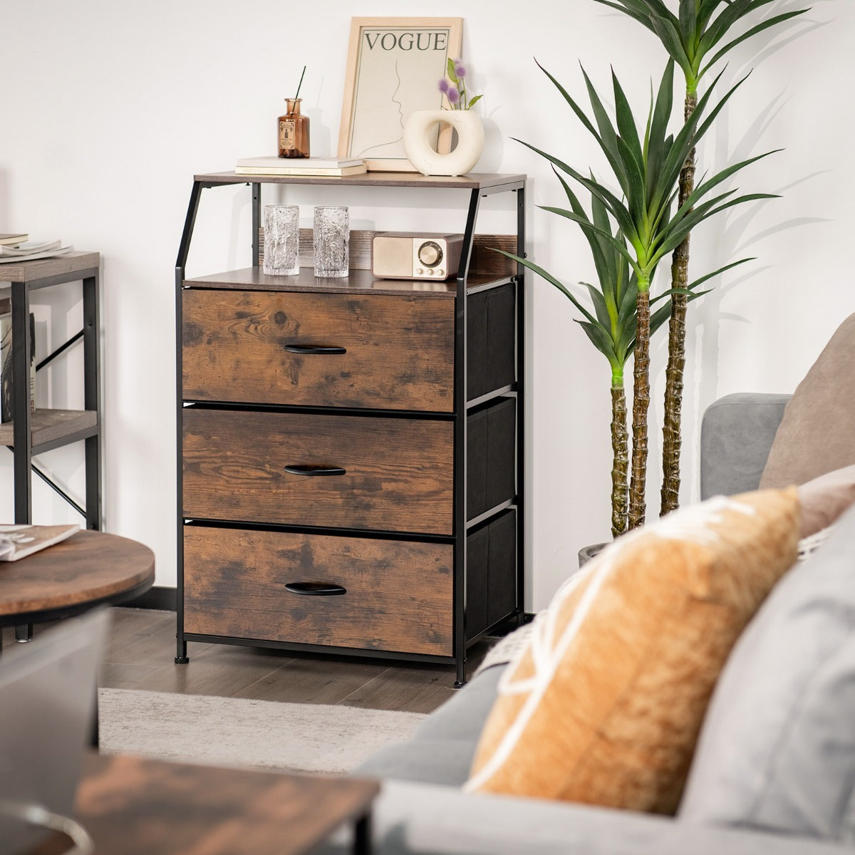 NNECW 3 Chest of Drawers with Top Shelf & Metal Frame