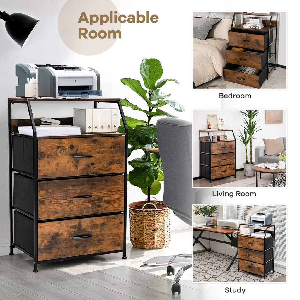 NNECW 3 Chest of Drawers with Top Shelf & Metal Frame