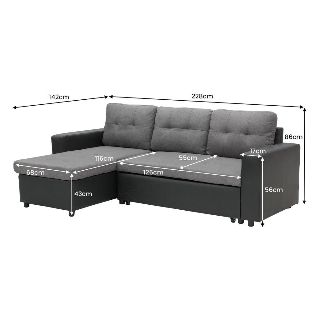 NNEDPE 3-Seater Corner Sofa Bed Storage Lounge Chaise Couch Grey